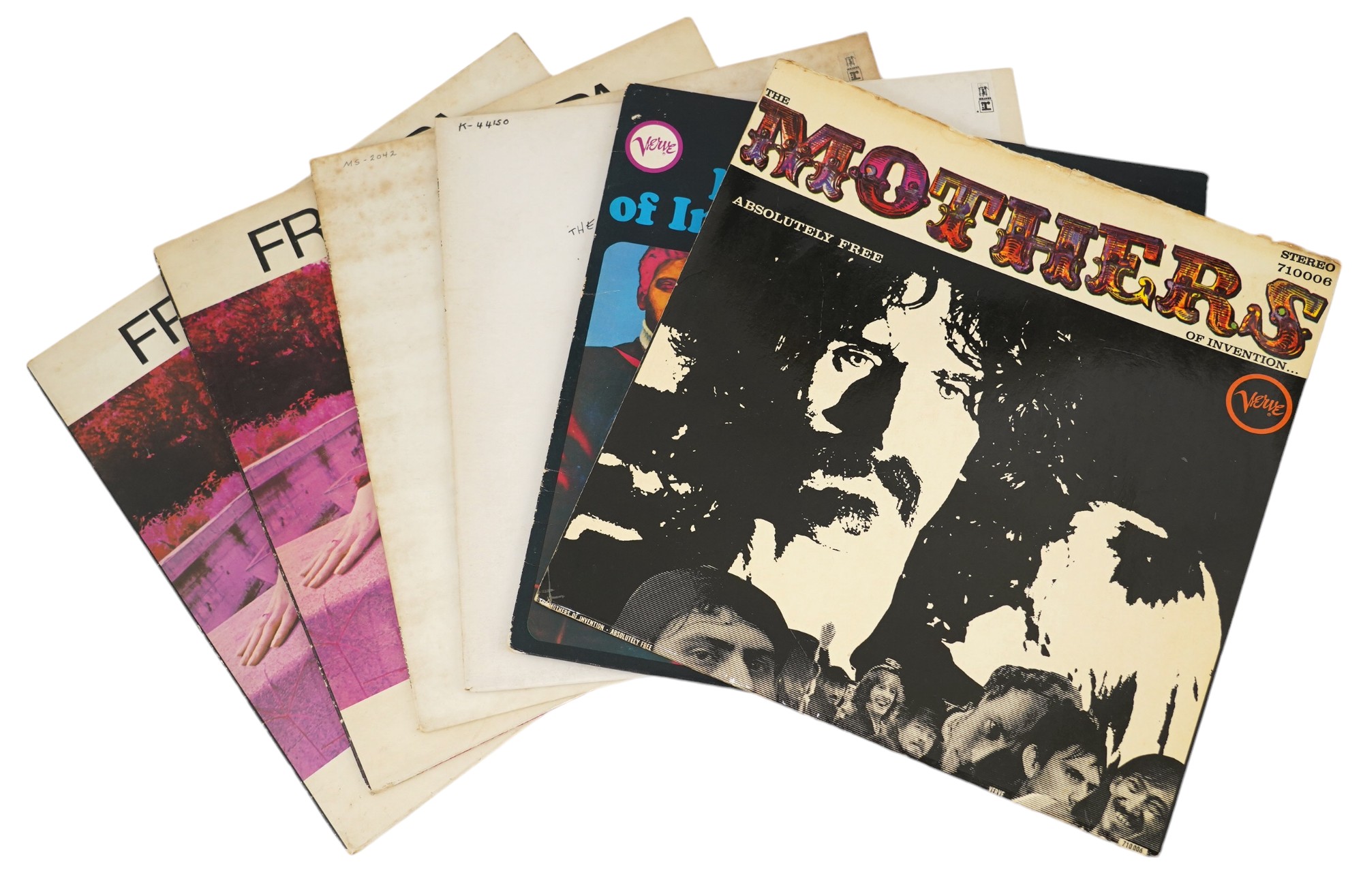 Six Frank Zappa and Mothers of Invention LP record albums; Absolutely Free, Stereo on Verve 710 006A, Freak Out (2 LP set), The Mothers Fillmore East - June 1971 and another, Hot Rats and another (one with gold and green